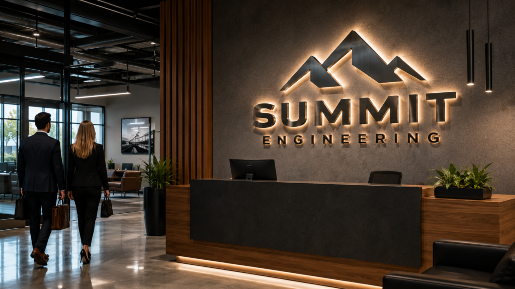 Custom illuminated metal business logo sign creating a professional first impression in a modern corporate office lobby